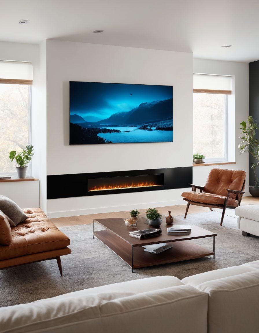 A sleek modern living room showcasing advanced AV technology like a large flat-screen TV, surround sound speakers, and smart home gadgets. Include a stylish couch and ambient lighting that suggests a cozy yet sophisticated atmosphere. Add subtle details like a remote control and streaming service logos on the TV screen. Emphasize a blend of comfort and cutting-edge technology. super-realistic. vibrant colors. white background.