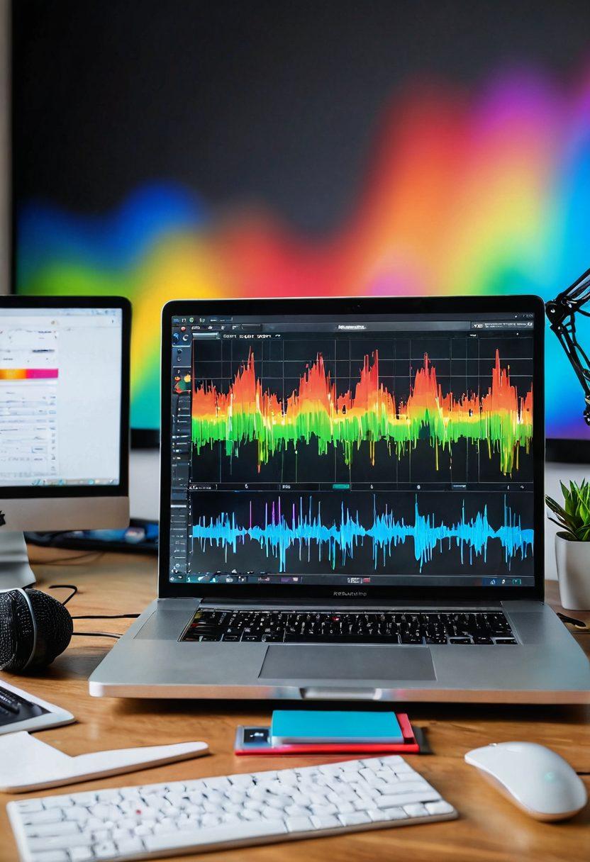 A dynamic workspace showcasing cutting-edge AV equipment like cameras, microphones, and editing tools on a desk. Flowing video and audio waveforms create an energetic backdrop, symbolizing content creation. An open laptop displays a vibrant content creation review page. Bright, inviting colors evoke creativity and innovation. super-realistic. vibrant colors. clean background.