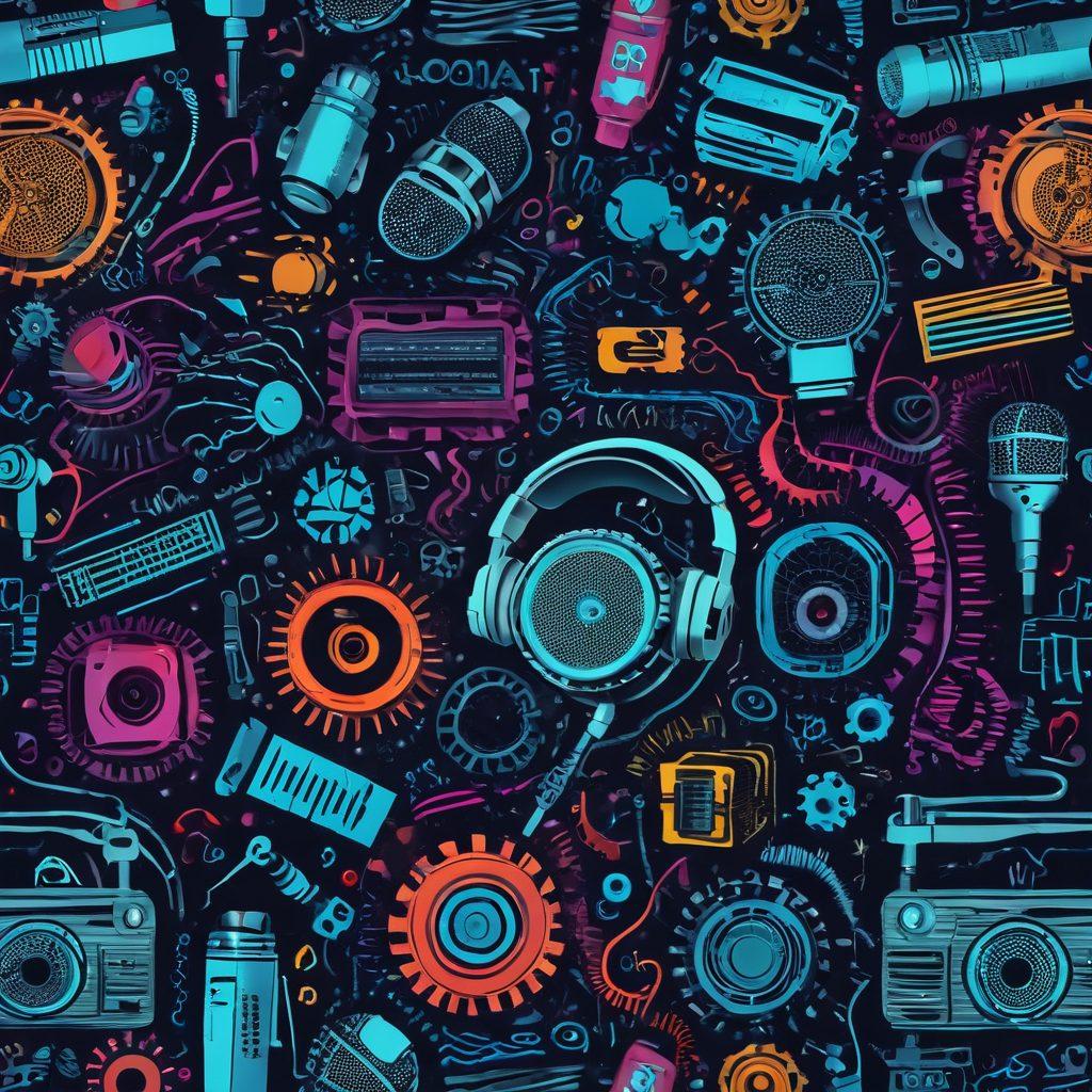 A dynamic collage featuring various audio visual equipment like microphones, speakers, headphones, and projectors, surrounded by sound waves and visual equalizers. Incorporate tutorial elements like a notepad, tools, and insights represented through lightbulbs or gears. Use a vibrant color palette to convey excitement and creativity. The background should be abstract to enhance the focus on the equipment. 3D rendering. vibrant colors.